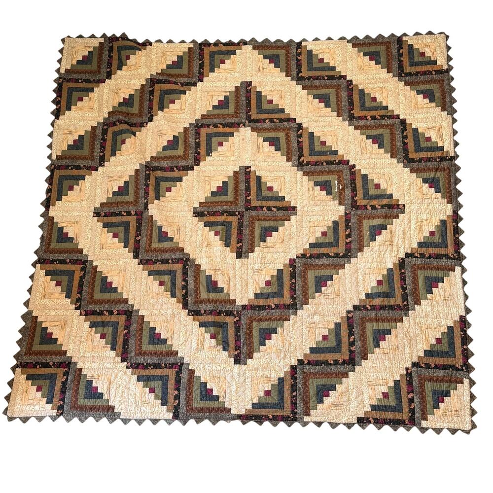 Vtg Donna Sharp Log Cabin Patchwork Quilt 100x102 Sawtooth Edge Primitive Floral